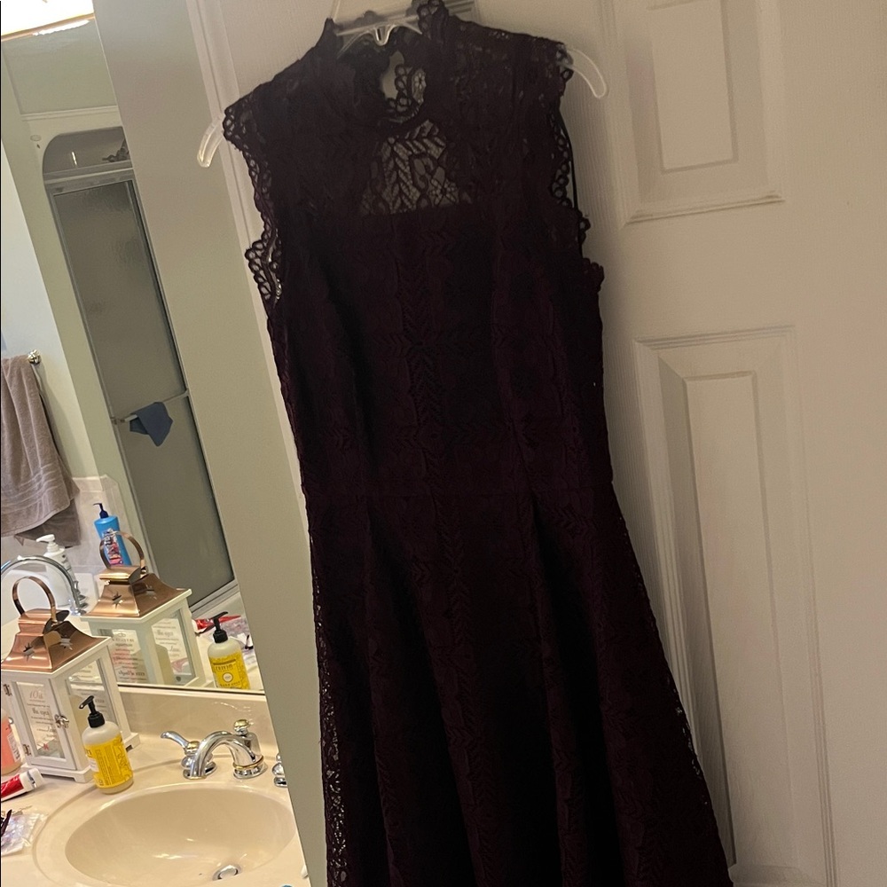 Calvin Klein Elegant Lace Dress in Deep Purple open back